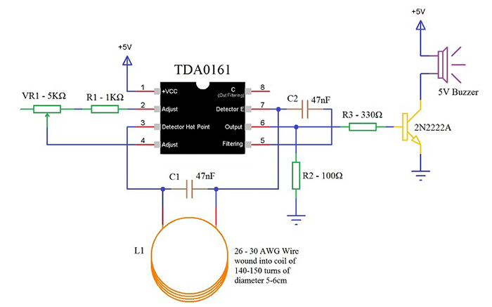 如何利用TDA0161接近開關芯片制作一個金屬探測器？