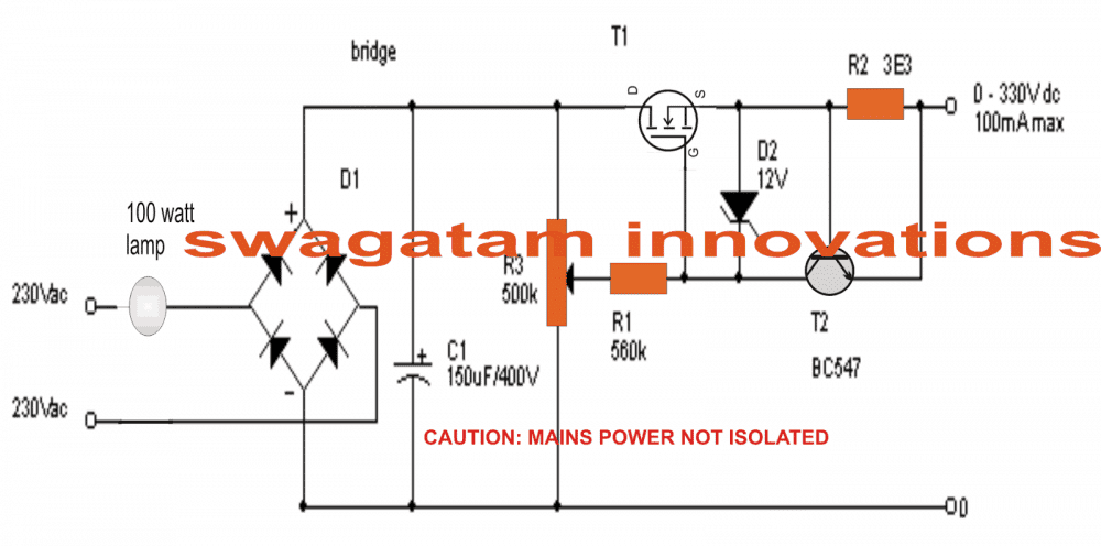 0-300V可调MOSFET无变压器电源电路图