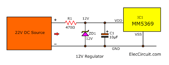 12V 齊納穩(wěn)壓器電路，22V