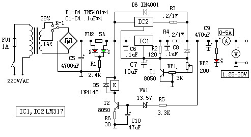 1.25V~30V連續(xù)可調(diào)穩(wěn)壓電源原理圖