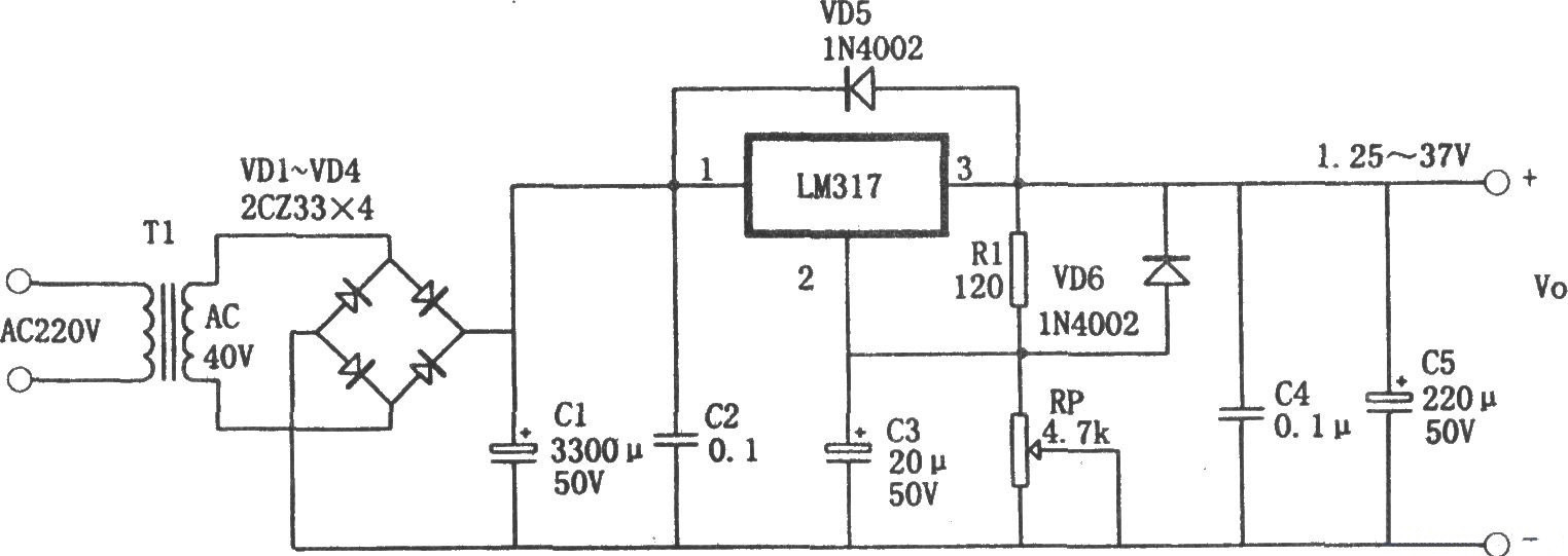 LM317構(gòu)成的1.25～37V可調(diào)電源電路