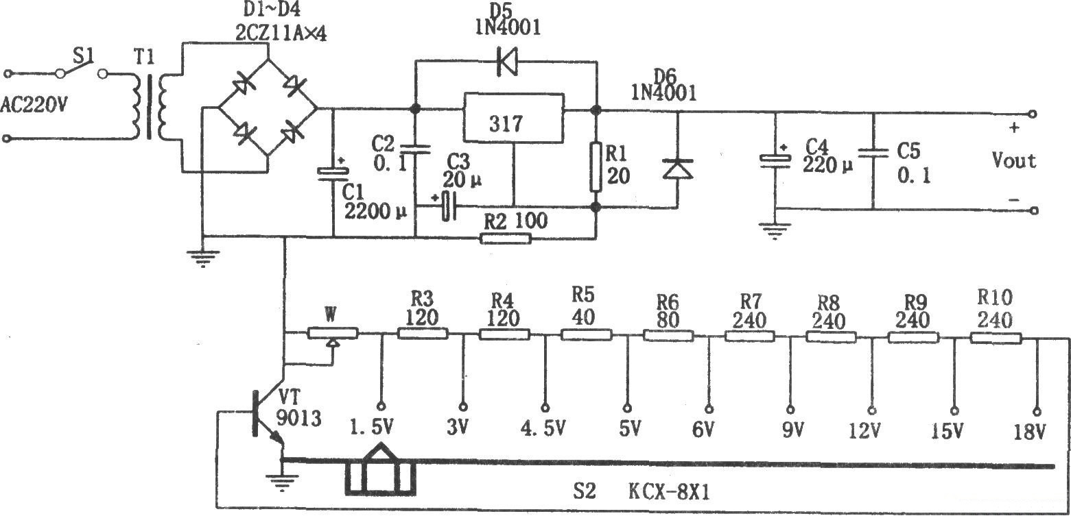 LM317構(gòu)成的分擋可調(diào)直流穩(wěn)壓電源電路