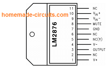 LM2876的引脚排列图，基于LM2876的40W放大器电路图