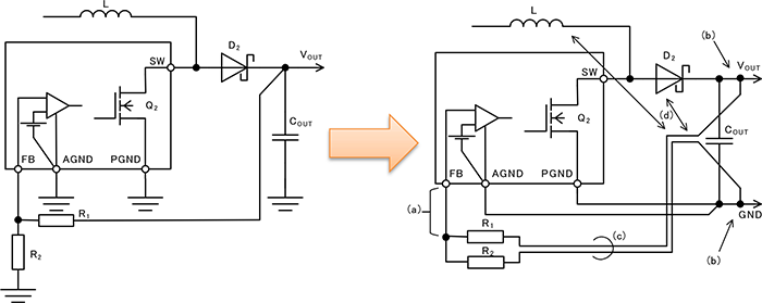 升压型DC/DC转换器PCB板布局中的反馈路径是如何布线的？
