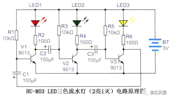 LED三色流水灯(2亮1灭)电路原理图讲解