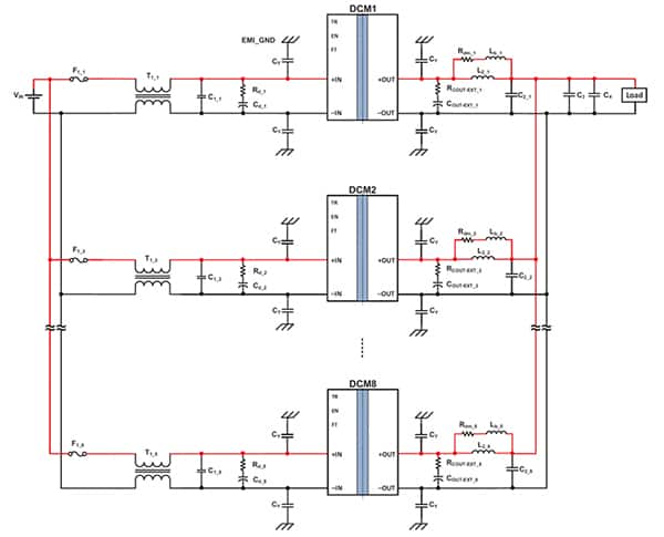電路圖顯示了四個 DCM 轉(zhuǎn)換器在并聯(lián)陣列模式下運行（點擊放大）