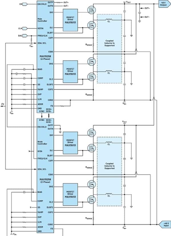 Analog Devices 的四相反相降壓-升壓轉換器的圖像（點擊放大）