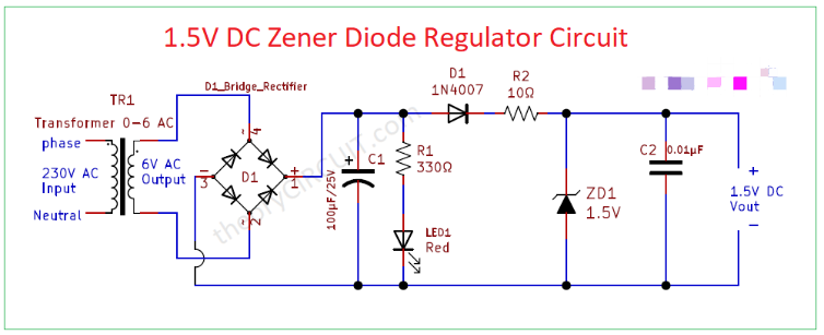 使用齊納二極管的1.5V穩壓直流電源電路設計
