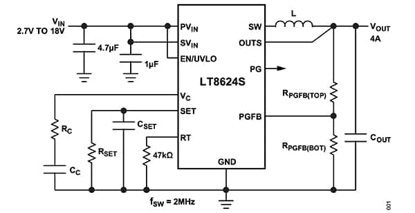 Analog Devices 的 LT8625S 只需要幾個(gè)標(biāo)準(zhǔn)的外部器件的圖