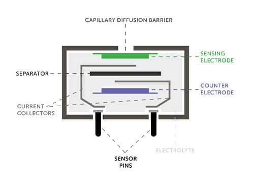 安培型傳感器使用兩個(gè)由電解質(zhì)隔開(kāi)的電極的圖