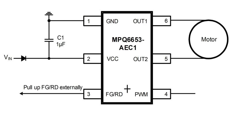 芯品# MPQ6653具有集成功率MOSFET和嵌入式霍爾傳感器的單相無刷直流 (BLDC) 電機驅動器