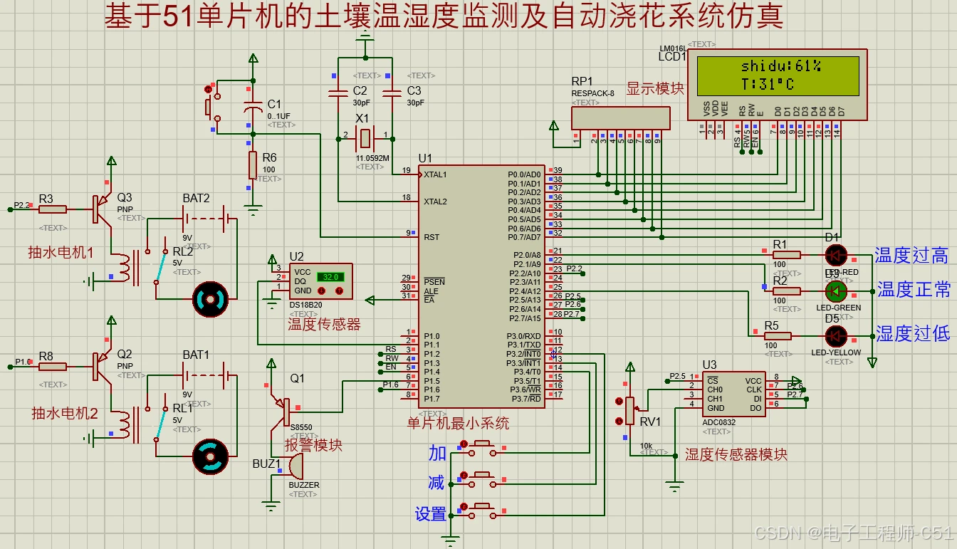 基于51单片机的土壤温湿度监测及自动浇花系统仿真