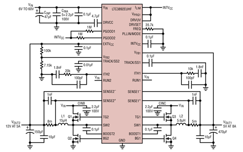 <b class='flag-5'>60V</b>低IQ、雙<b class='flag-5'>輸出</b>同步降壓<b class='flag-5'>控制器</b>，<b class='flag-5'>具有</b>可調柵極驅動