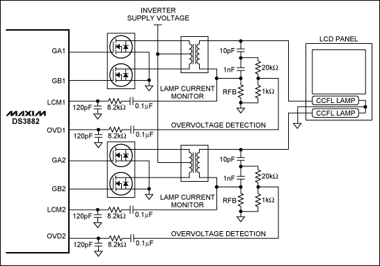 使用DS3882 <b class='flag-5'>CCFL</b>控制器驱动双灯共回路配置