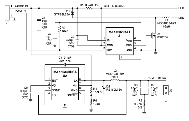 MR-16 LED<b class='flag-5'>驱动器</b>，带5V辅助输出为脉动LED<b class='flag-5'>冷却器</b>供电