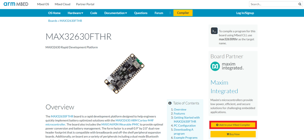 突出显示MAX32630FTHR Mbed登录页面上红色框中的“添加到Mbed编译器”按钮。