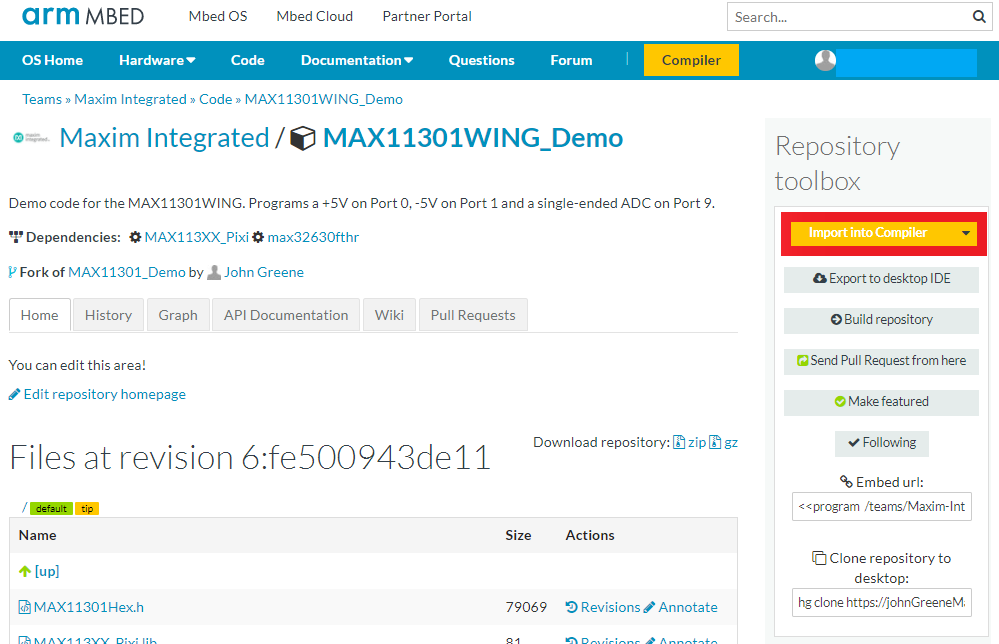 突出顯示“導入編譯器”按鈕，并在MAX11301WING_Demo存儲庫上顯示一個紅色框。