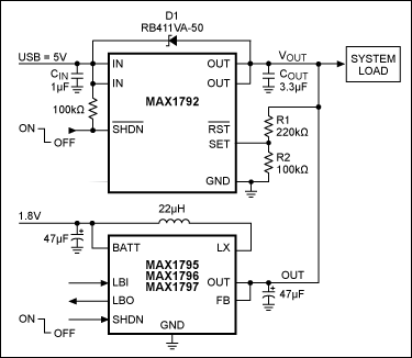 升压<b class='flag-5'>转换器</b>在电池和<b class='flag-5'>USB</b>电源之间切换