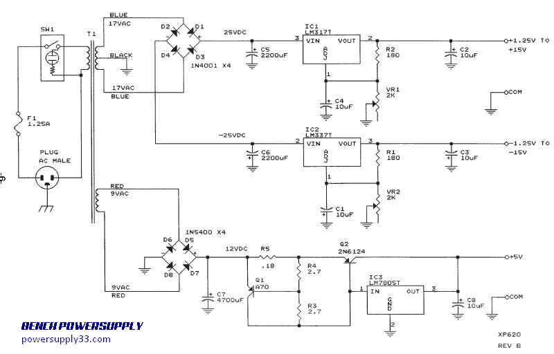 可调1.25V-15V和固定5V台式电源电路图