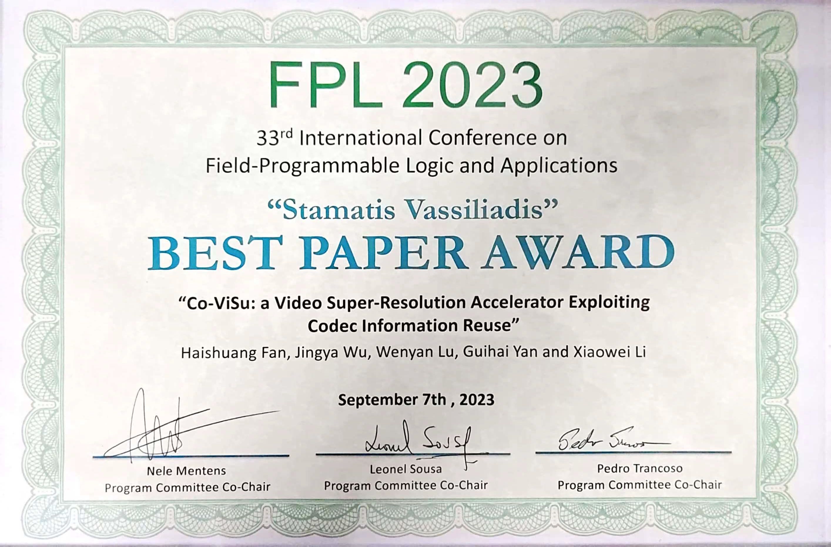 中科驭数联合处理器芯片全国重点实验室获得FPL 2023最佳论文奖!