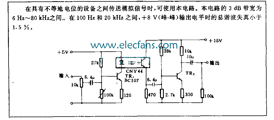 CNY44光电隔离电路(可用在不等地电位的设备之间传送模拟信