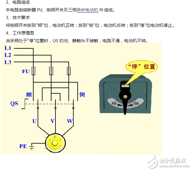 用颠倒开关的电动机正反转控制电路图