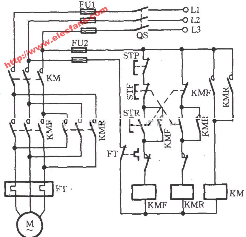 电动机单线远程正反转控制电路图
