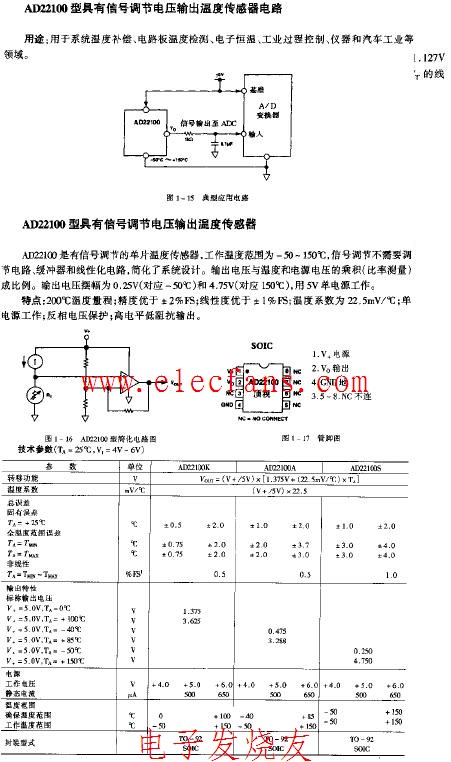 AD22100型具有信号调节电压输出温度传感器电路