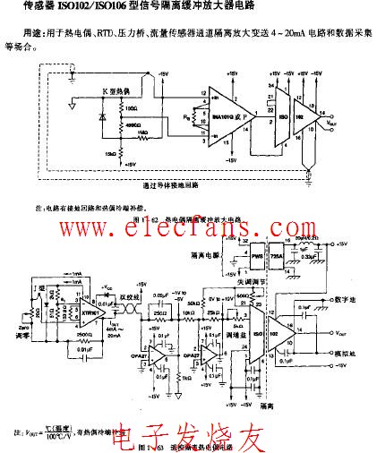 传感器ISO102-ISO106型信号隔离缓冲放大器电路