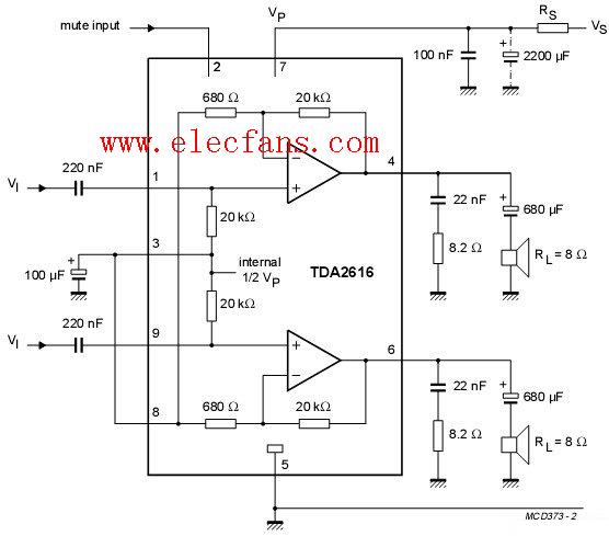 TDA2616功放电路图-应用电路-单电源功放电路