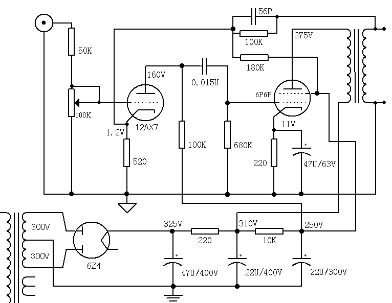 胆机电路图12AX7推6p6p电子管