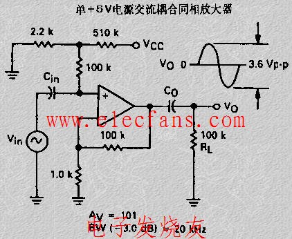 單5V電源交流耦合反相放大器電路