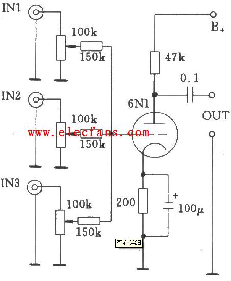 电子管单级多路通过电阻耦合的输入电路图
