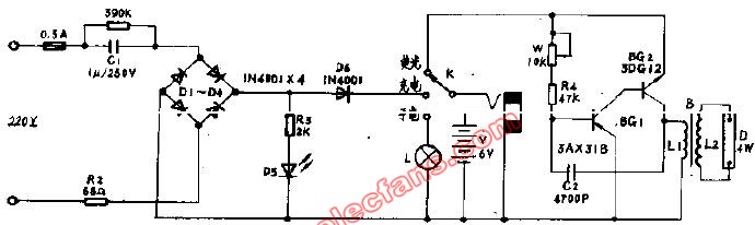 <b class='flag-5'>充電式</b><b class='flag-5'>手電</b>，熒光燈多功能應(yīng)急燈電路 (國(guó)外電源電路)