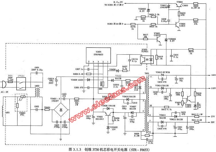 创维3T30机芯彩电开关电源电路(STR-F6653)