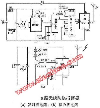 8路<b class='flag-5'>无线</b>防盗<b class='flag-5'>报警器</b><b class='flag-5'>电路</b>图