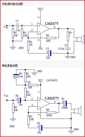 LM1875双电源 单电源接法放大电路图