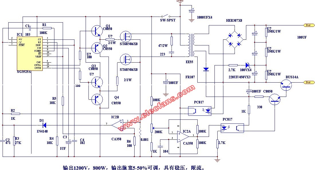 输出1200V,800W，输出脉宽可调的电源电路