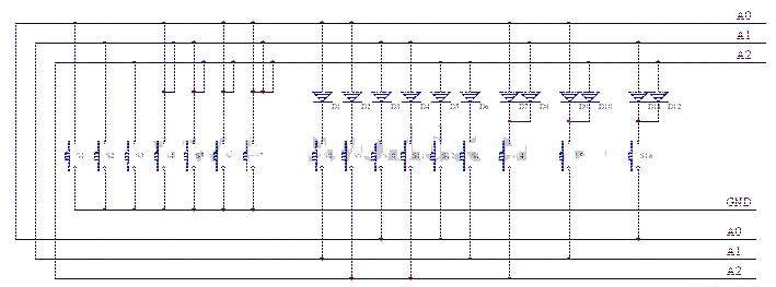 3個(gè)IO掃16個(gè)按鍵電路圖