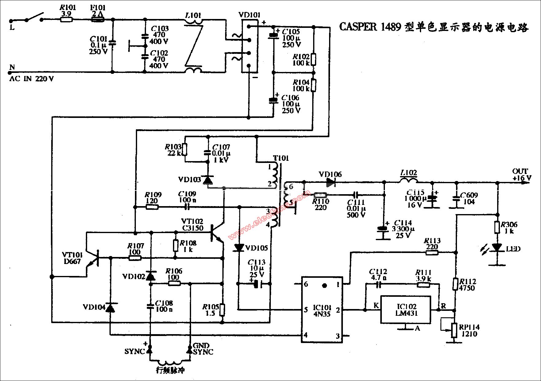 单色显示器CASPER 1489电源电路图