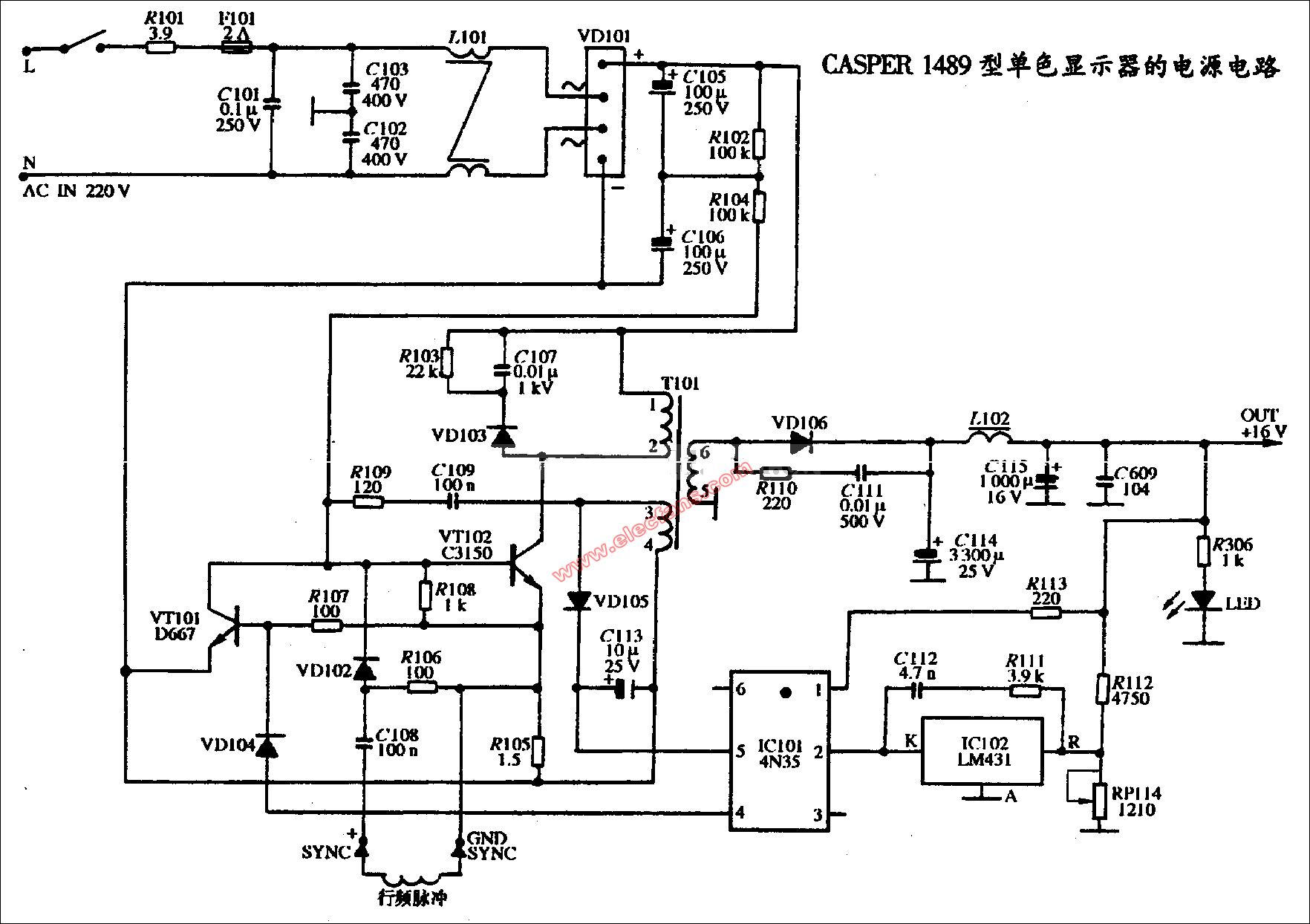 <b class='flag-5'>单色</b>显示器CASPER 1489<b class='flag-5'>电源</b>电路图