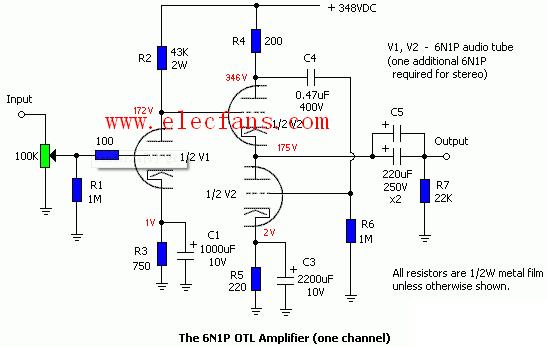 电子管6n1组成的OTL放大器电路