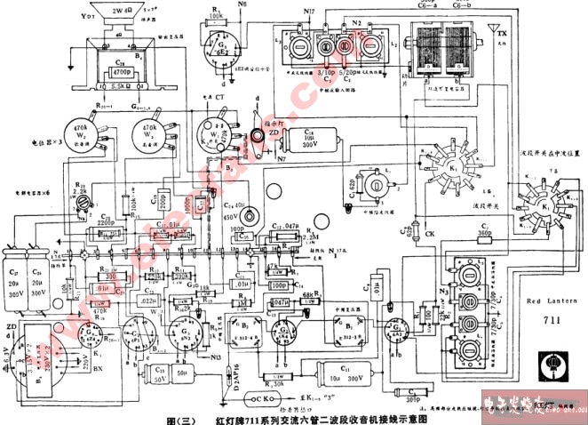 红灯牌711系列交流六管二波段收音接线示意图