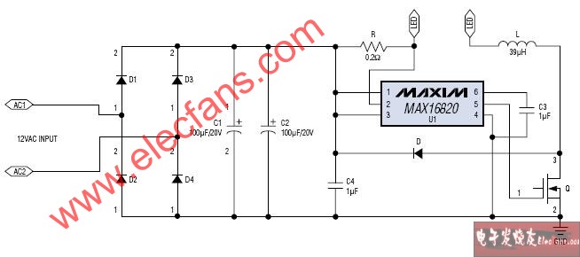 <b>采用</b><b>MAX</b>16820 <b>LED</b><b>驱动器</b>构建的5W MR16 LE