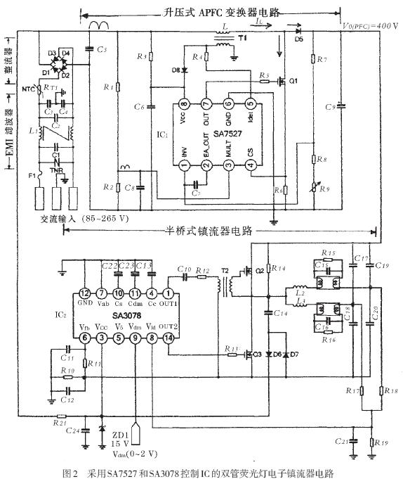 采用SA7527和SA3078控制IC的<b>双管</b><b>荧光灯</b>电子镇流器