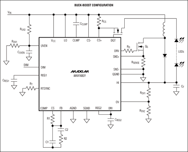 MAX16831 高压、大功率LED驱动器，提供模拟及PWM