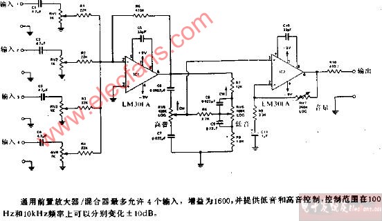 具有音调控制的混合前置放大器电路图