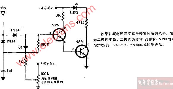 灵敏度可调的场强指示器电路图