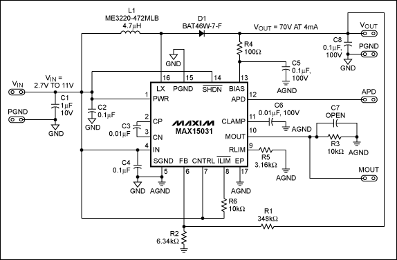 MAX15031应用电路图/MAX15031升压转换器电路原