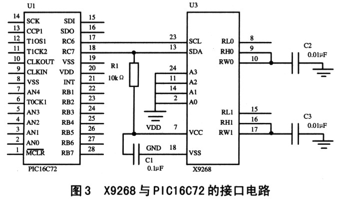 X9628與PIC16C72的接口電路圖